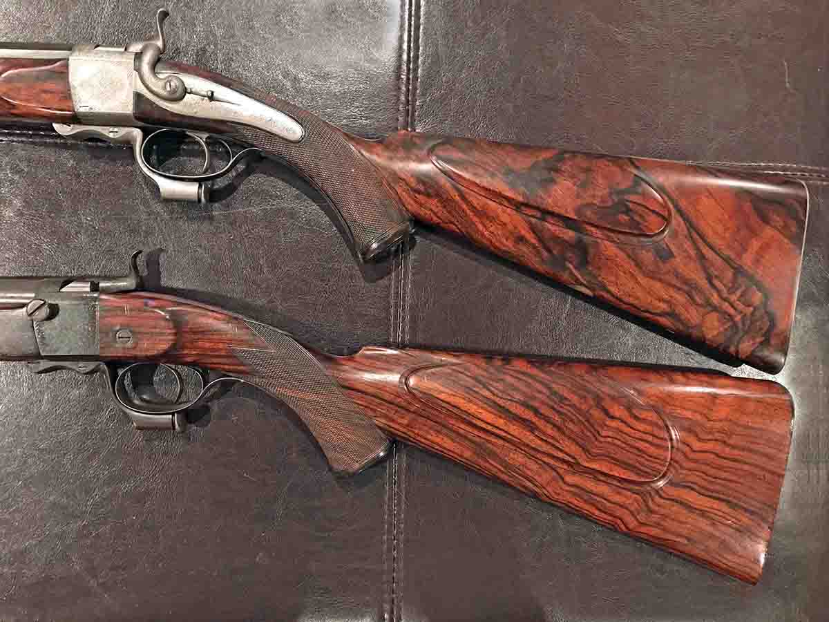 A pair of Alexander Henry best quality, breech loading, single shot rifles. Although the left-handed No. 3664 rifle made in 1875 has a flat lock and octagonal barrel, the Henry records still describe it as “best quality.” Rifle No. 6070, made in 1886, is also defined as best quality, yet it has a cranked lock and a round barrel – typical of what is found on most larger-framed best quality Henry single shots. It is my belief that the only thing that differentiates Henry’s best quality is the choice of wood and the amount of engraving.